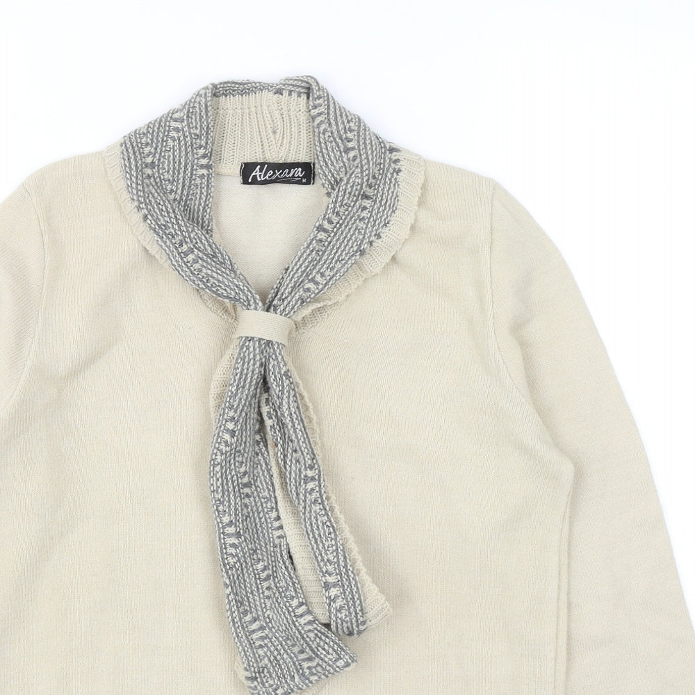 Alexara Womens Beige Round Neck Acrylic Pullover Jumper Size M - Scarf Neck Detail