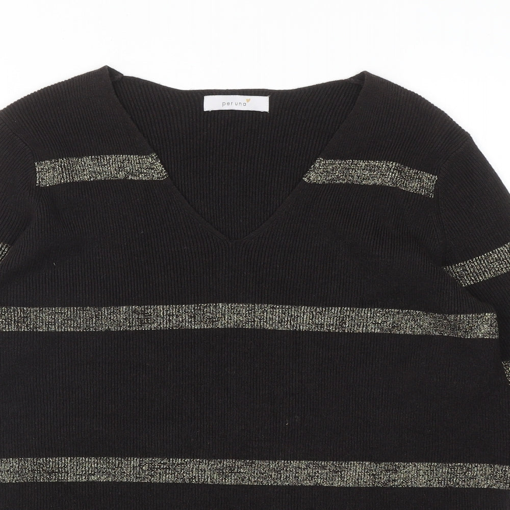 Per Una Womens Brown V-Neck Striped Acrylic Pullover Jumper Size 12