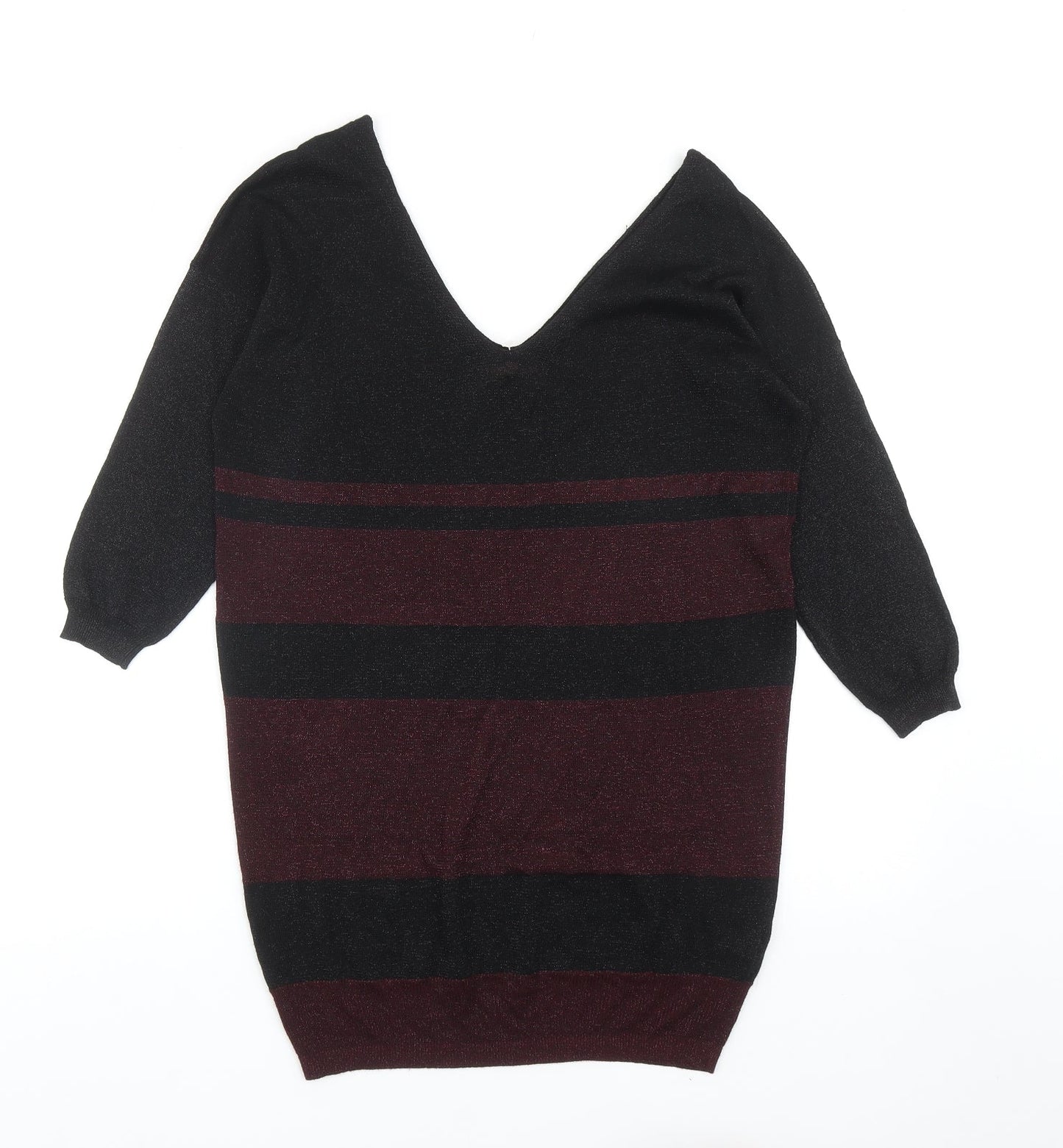NEXT Womens Black V-Neck Striped Viscose Pullover Jumper Size 8