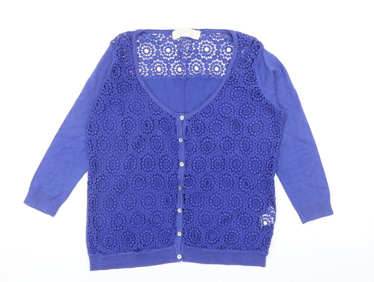 Zara Womens Blue Round Neck Geometric Cotton Cardigan Jumper Size L