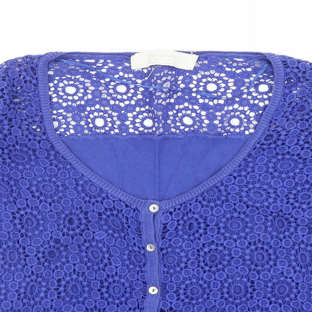 Zara Womens Blue Round Neck Geometric Cotton Cardigan Jumper Size L