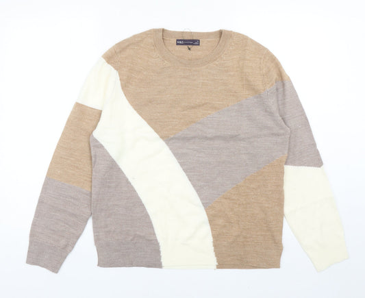 Marks and Spencer Womens Brown Scoop Neck Acrylic Pullover Jumper Size 14 - Colourblock