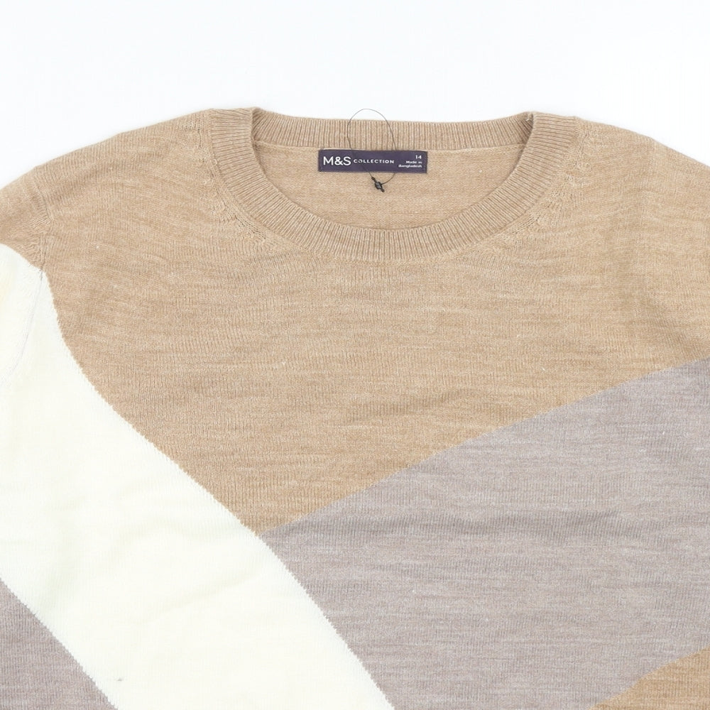 Marks and Spencer Womens Brown Scoop Neck Acrylic Pullover Jumper Size 14 - Colourblock