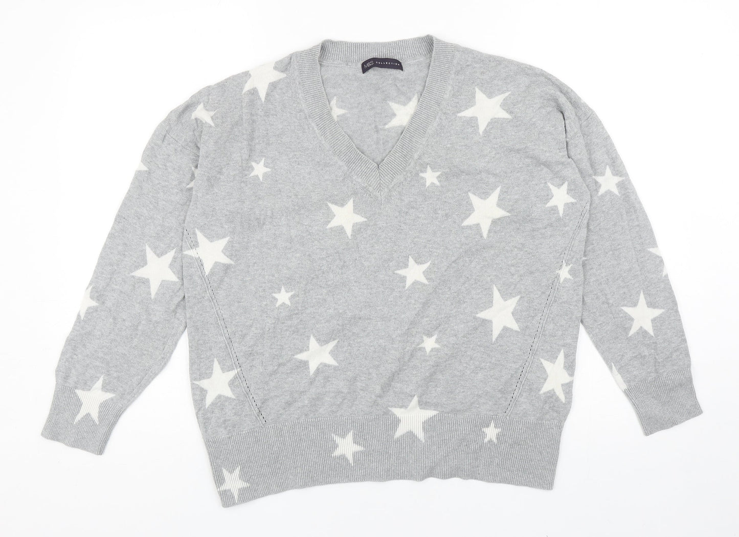 Marks and Spencer Womens Grey V-Neck Geometric Cotton Pullover Jumper Size M - Star