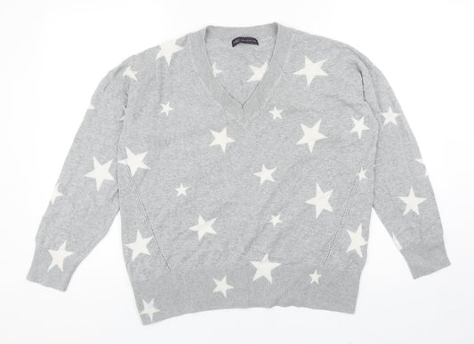 Marks and Spencer Womens Grey V-Neck Geometric Cotton Pullover Jumper Size M - Star