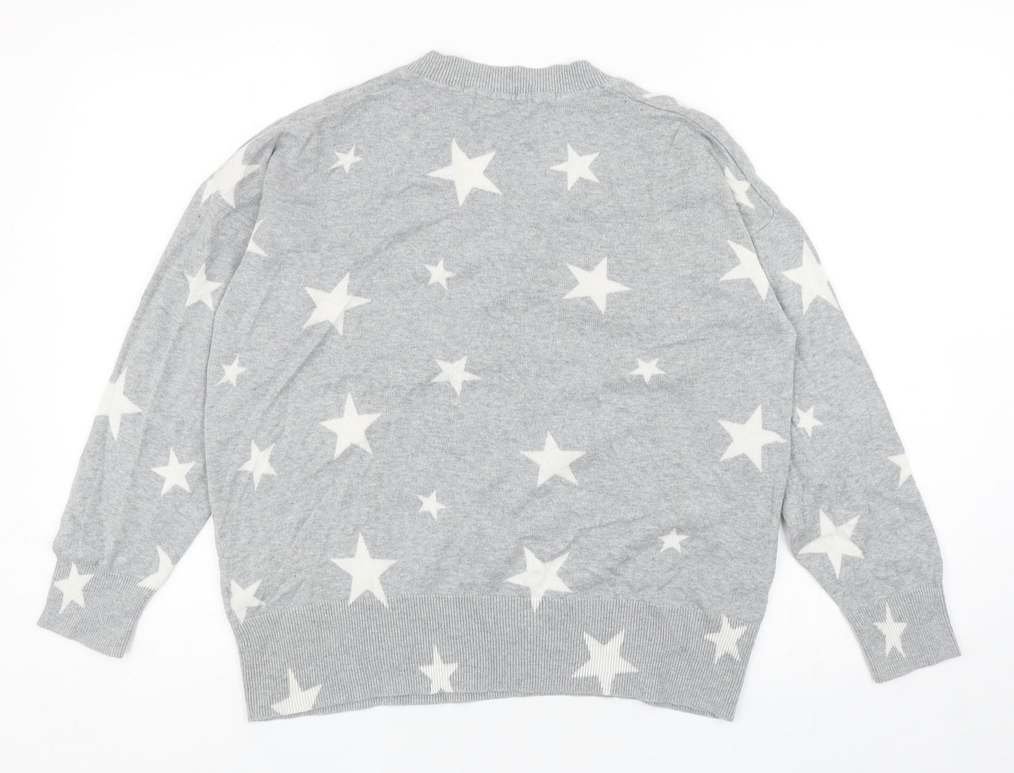 Marks and Spencer Womens Grey V-Neck Geometric Cotton Pullover Jumper Size M - Star
