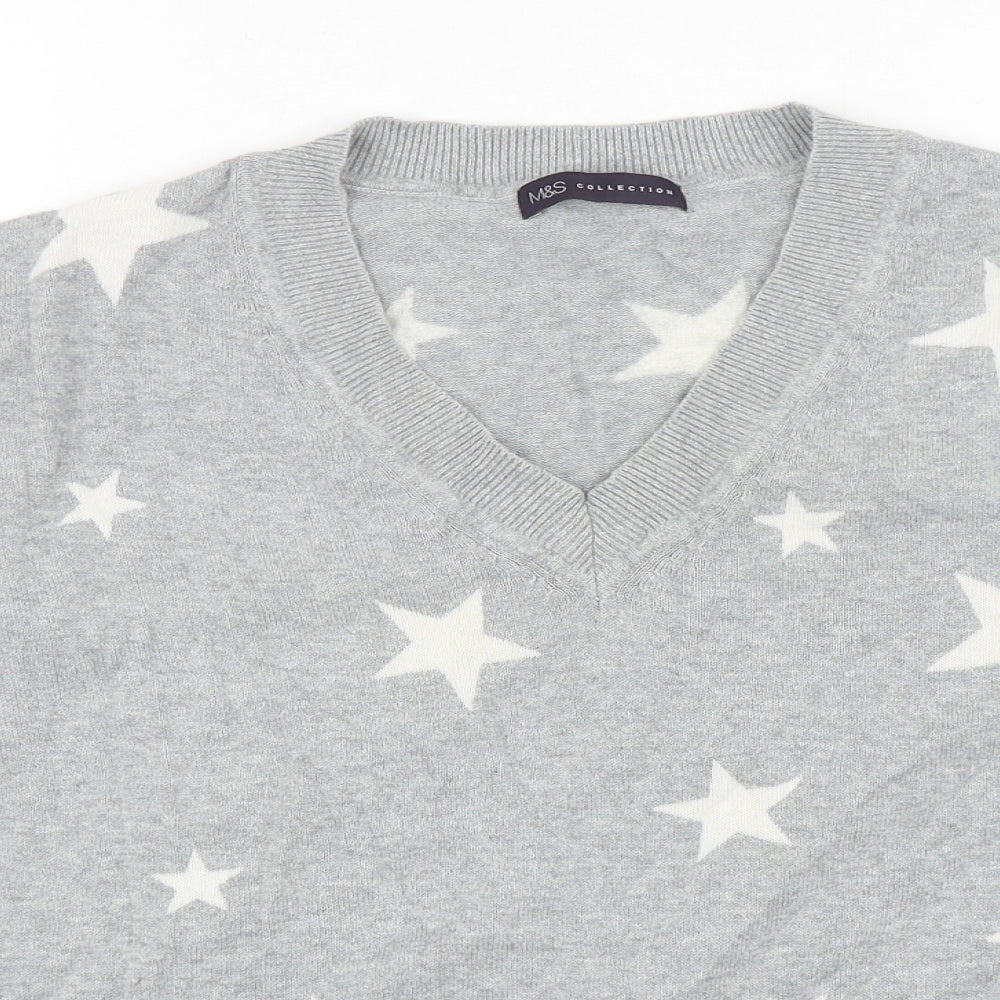 Marks and Spencer Womens Grey V-Neck Geometric Cotton Pullover Jumper Size M - Star