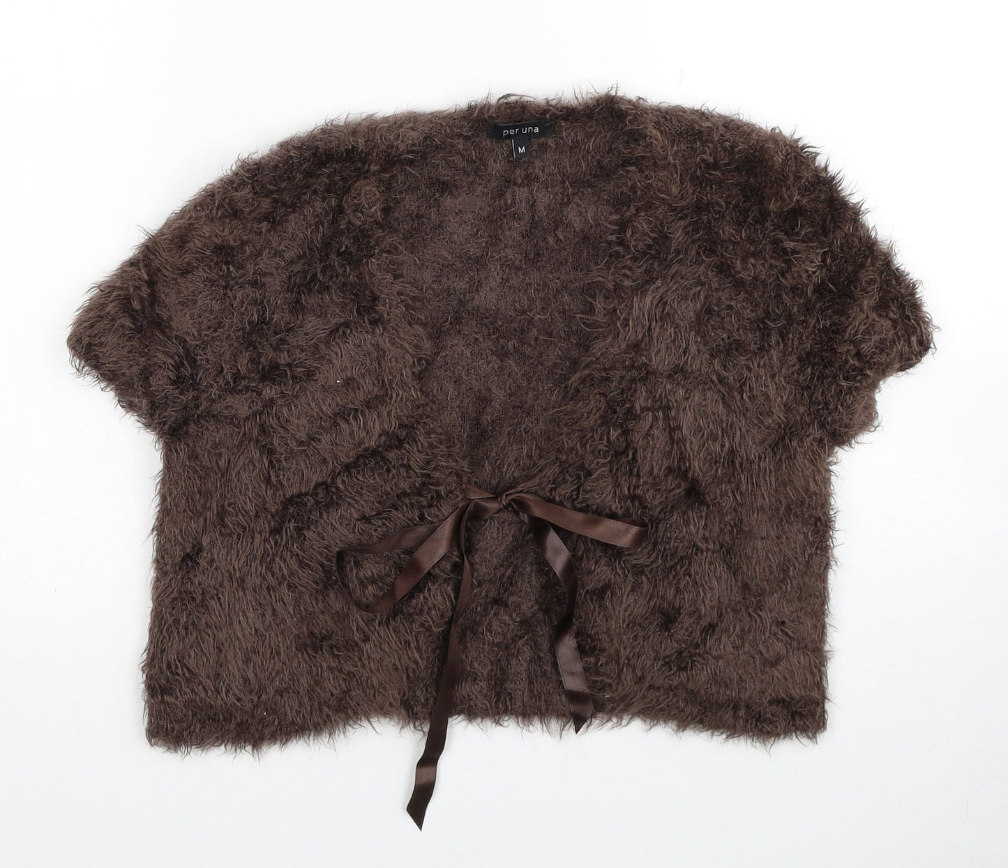 Per Una Womens Brown V-Neck Polyamide Shrug Jumper Size 10 - Fluffy Satin Tie Front