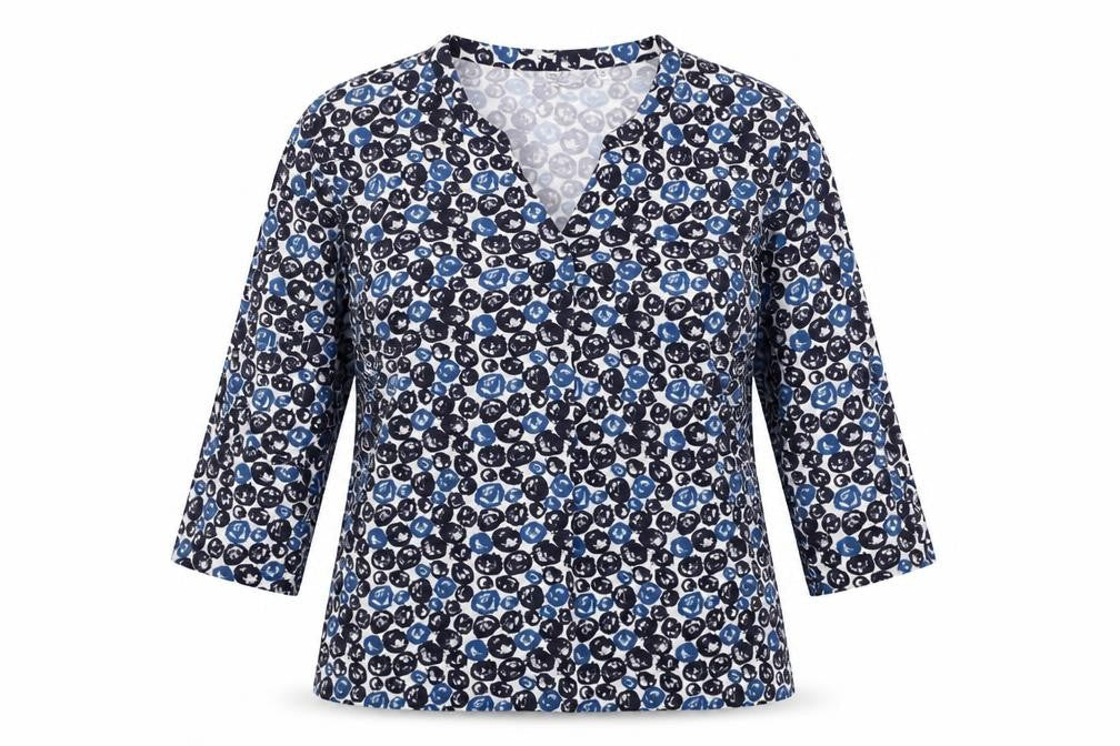 Isle Womens Blue Geometric Polyester Basic T-Shirt Size M V-Neck