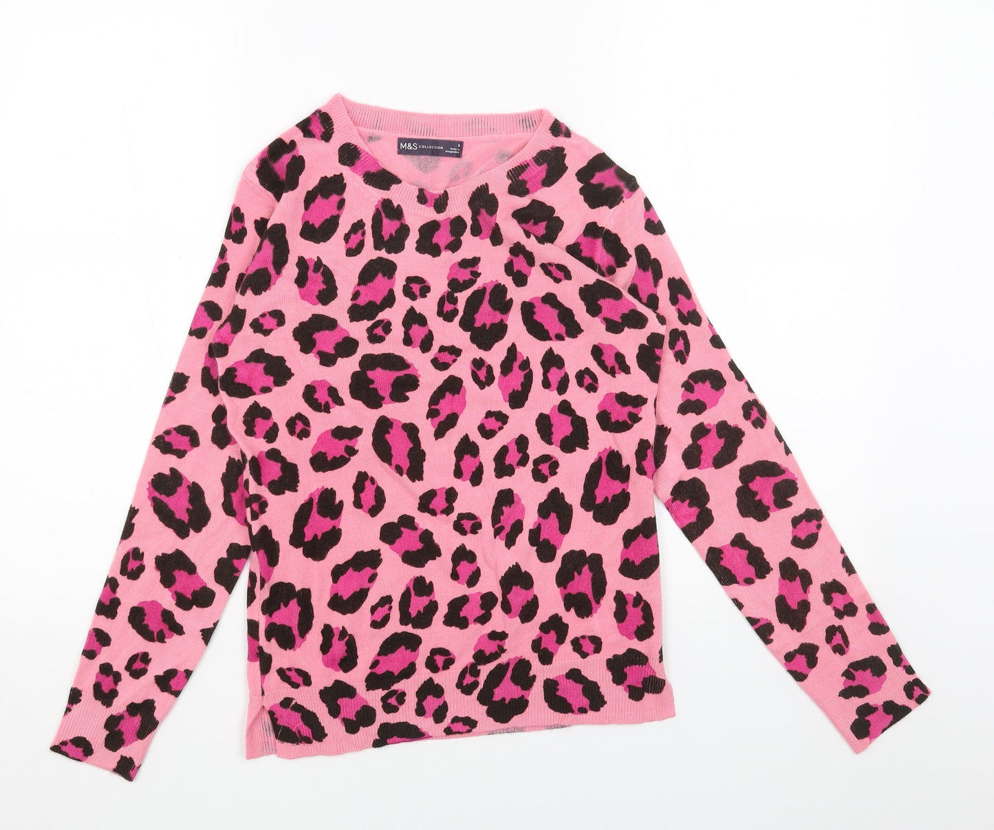 Marks and Spencer Womens Pink Boat Neck Animal Print Acrylic Pullover Jumper Size 6 - Leopard Print