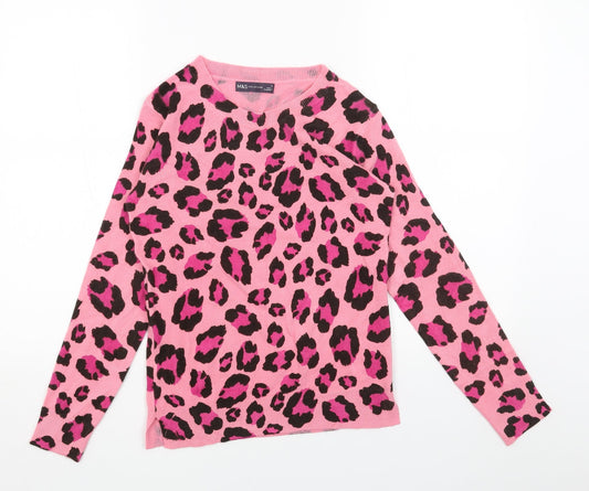 Marks and Spencer Womens Pink Boat Neck Animal Print Acrylic Pullover Jumper Size 6 - Leopard Print