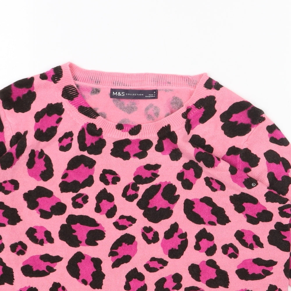 Marks and Spencer Womens Pink Scoop Neck Animal Print Acrylic Pullover Jumper Size 6 - Leopard Print