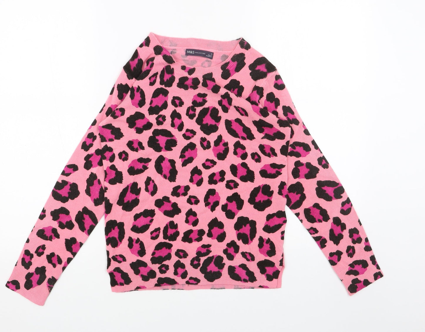 Marks and Spencer Womens Pink Scoop Neck Animal Print Acrylic Pullover Jumper Size 6 - Leopard Print
