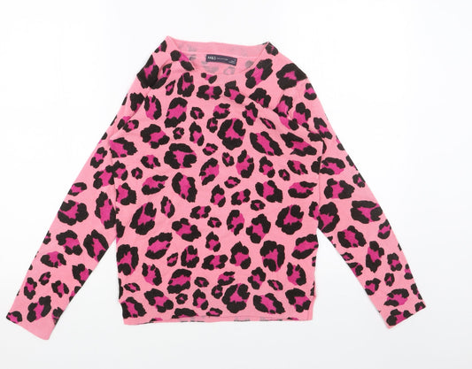Marks and Spencer Womens Pink Scoop Neck Animal Print Acrylic Pullover Jumper Size 6 - Leopard Print