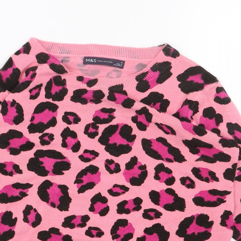 Marks and Spencer Womens Pink Scoop Neck Animal Print Acrylic Pullover Jumper Size 6 - Leopard Print