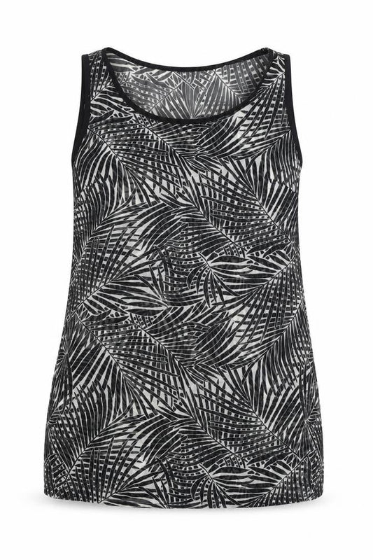 Preworn Womens Black Geometric Polyester Tunic Tank Size 8 Scoop Neck - Leaf Print