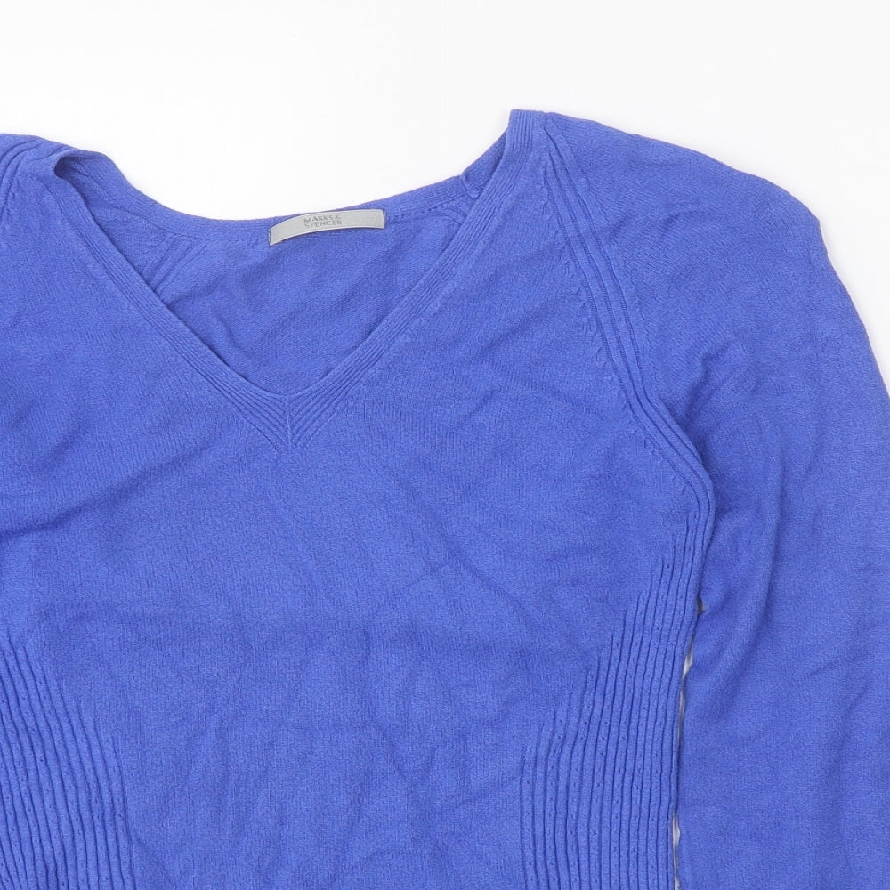 Marks and Spencer Womens Blue V-Neck Viscose Pullover Jumper Size 12