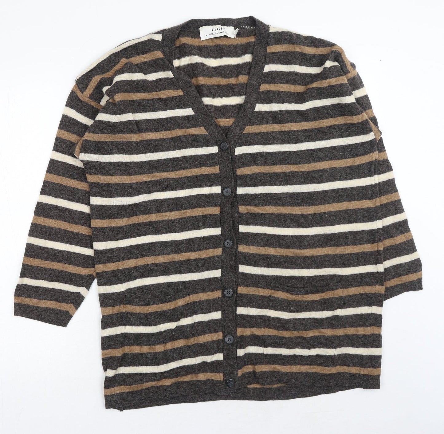 Tigi Womens Brown V-Neck Striped Acrylic Cardigan Jumper One Size