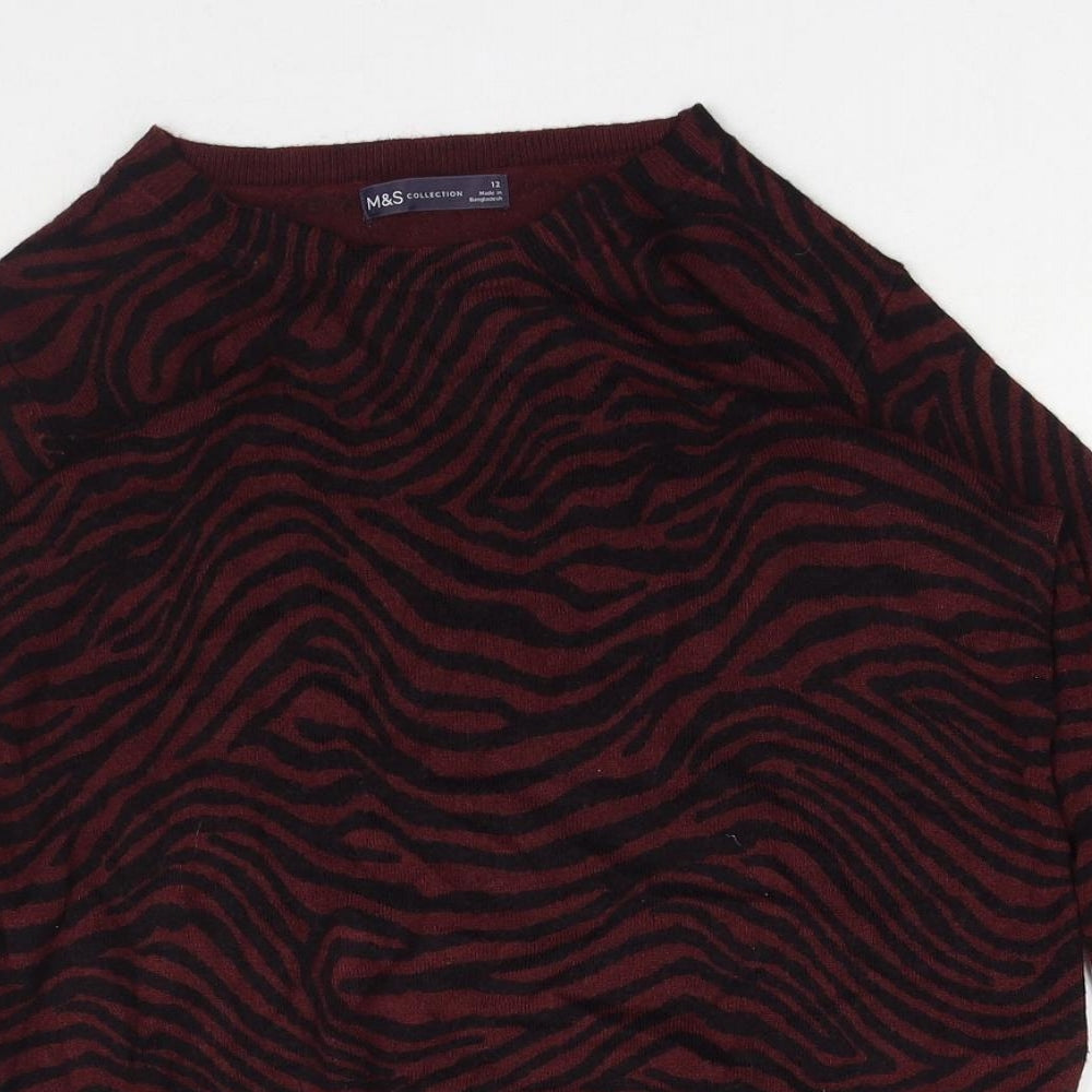 Marks and Spencer Womens Red Boat Neck Animal Print Acrylic Pullover Jumper Size 12 - Tiger Print