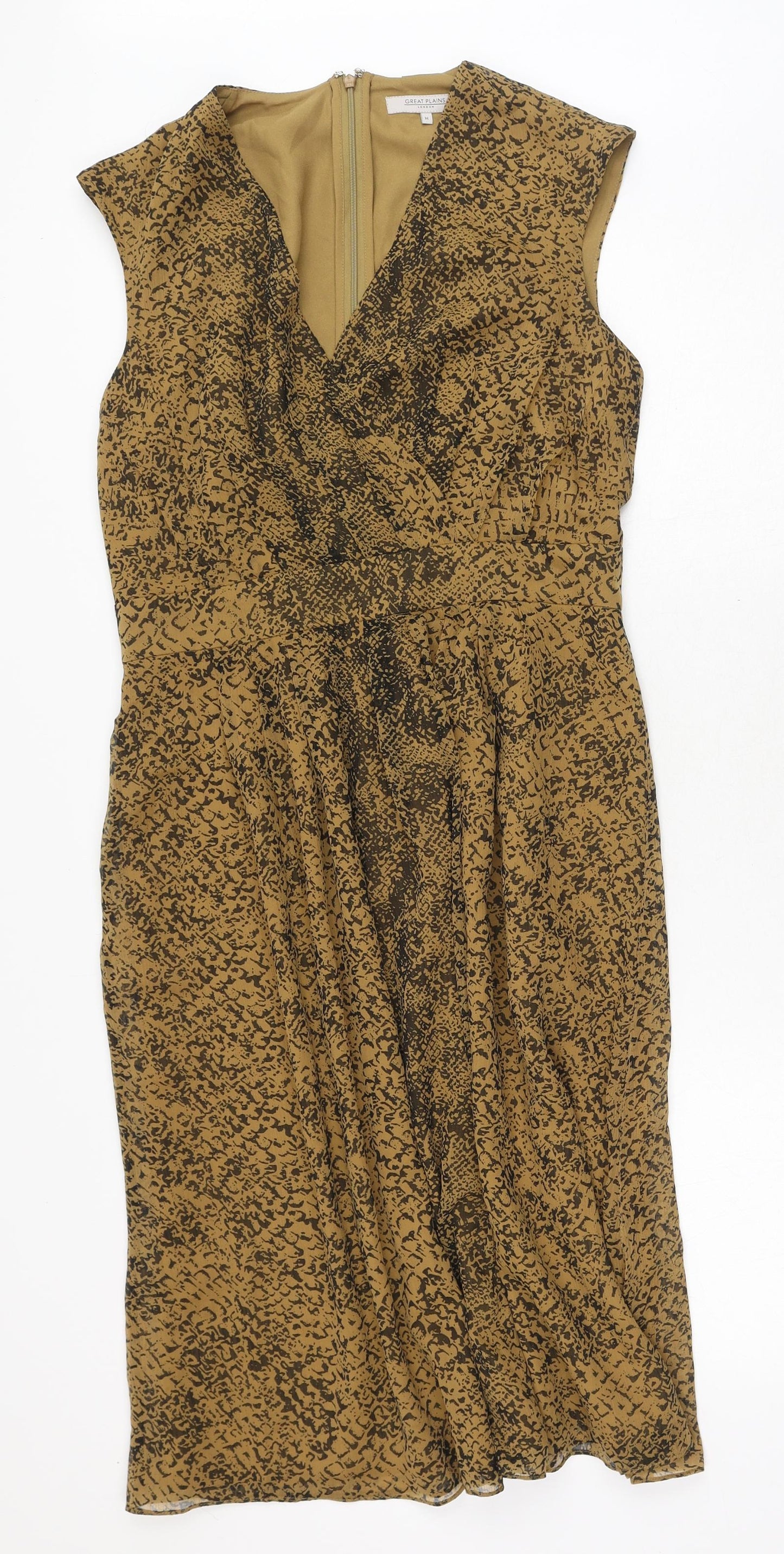 Great Plains Womens Brown Geometric Polyester A-Line Size M V-Neck Zip
