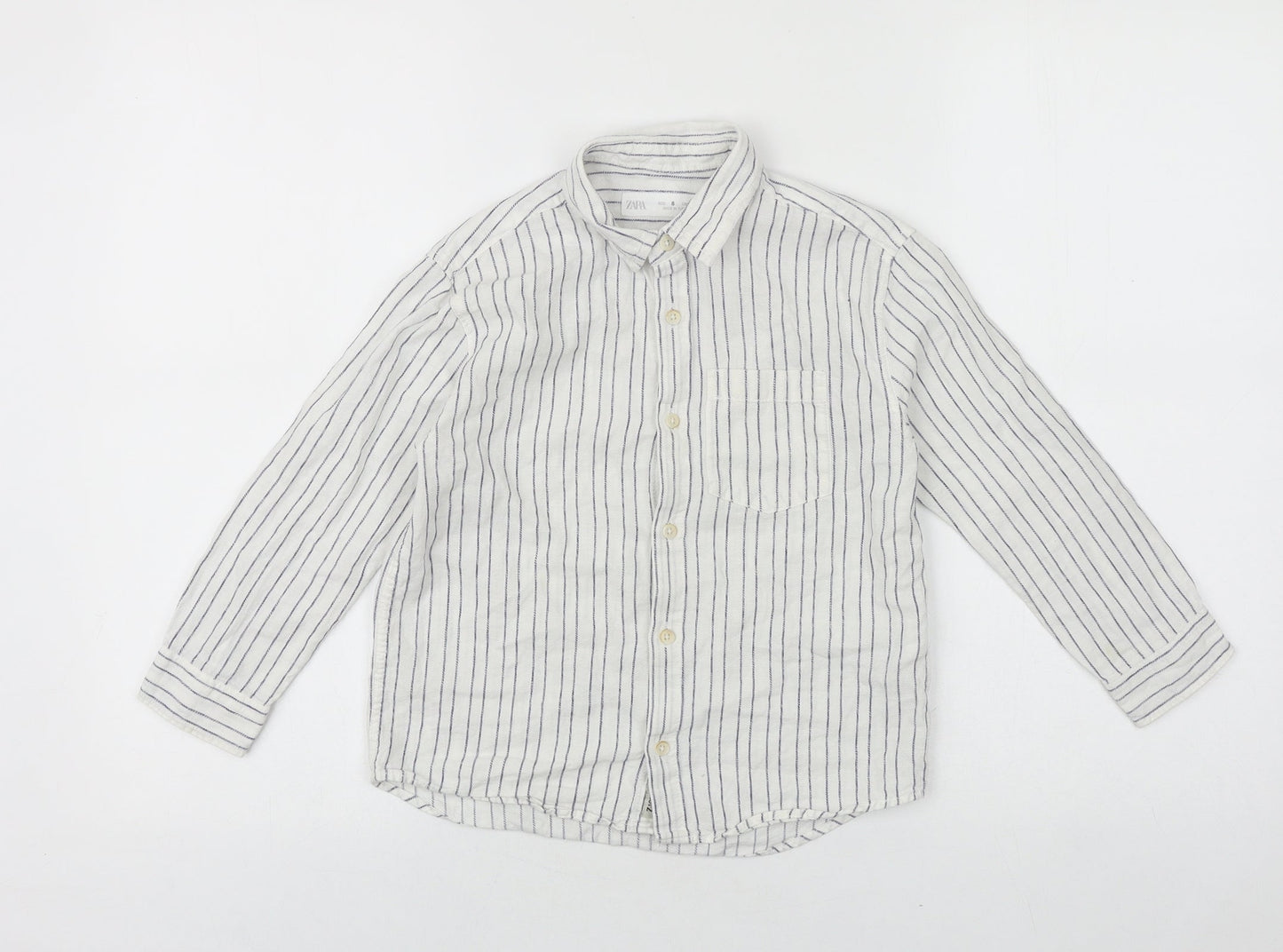 Zara Girls White Striped 100% Cotton Basic Button-Up Size 6 Years Collared Button