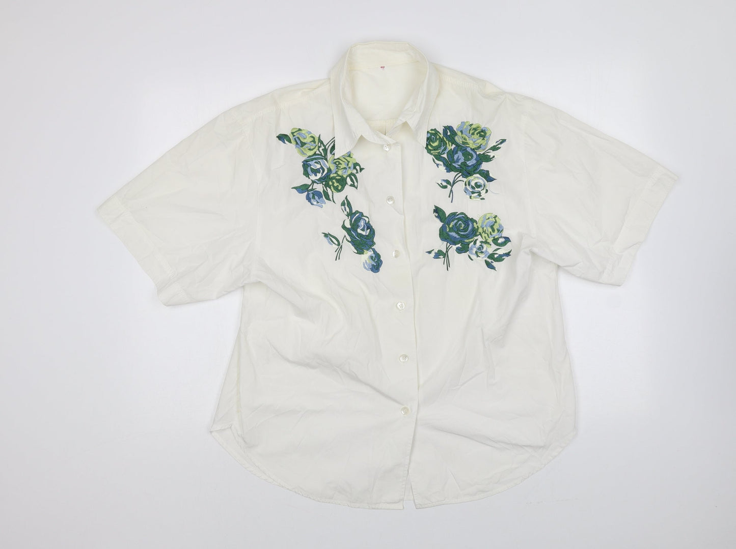 Preworn Womens Ivory Polyester Basic Button-Up Size 12 Collared - Flower Motif