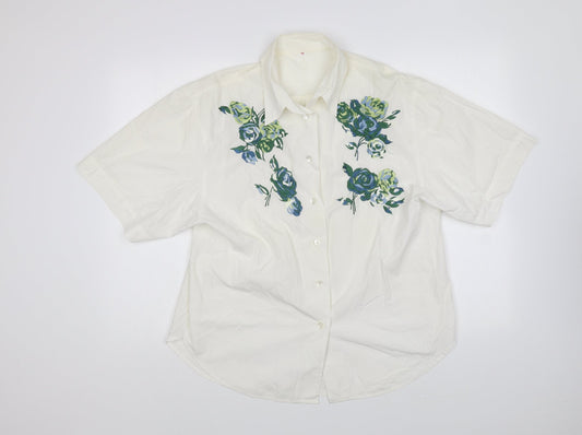 Preworn Womens Ivory Polyester Basic Button-Up Size 12 Collared - Flower Motif