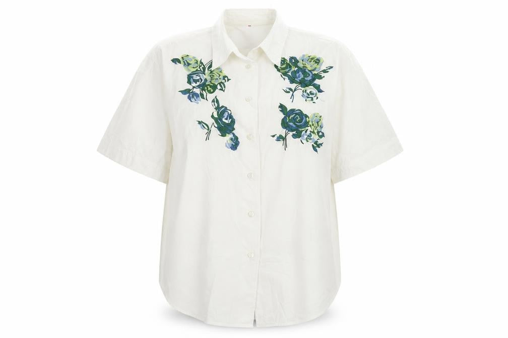Preworn Womens Ivory Polyester Basic Button-Up Size 12 Collared - Flower Motif