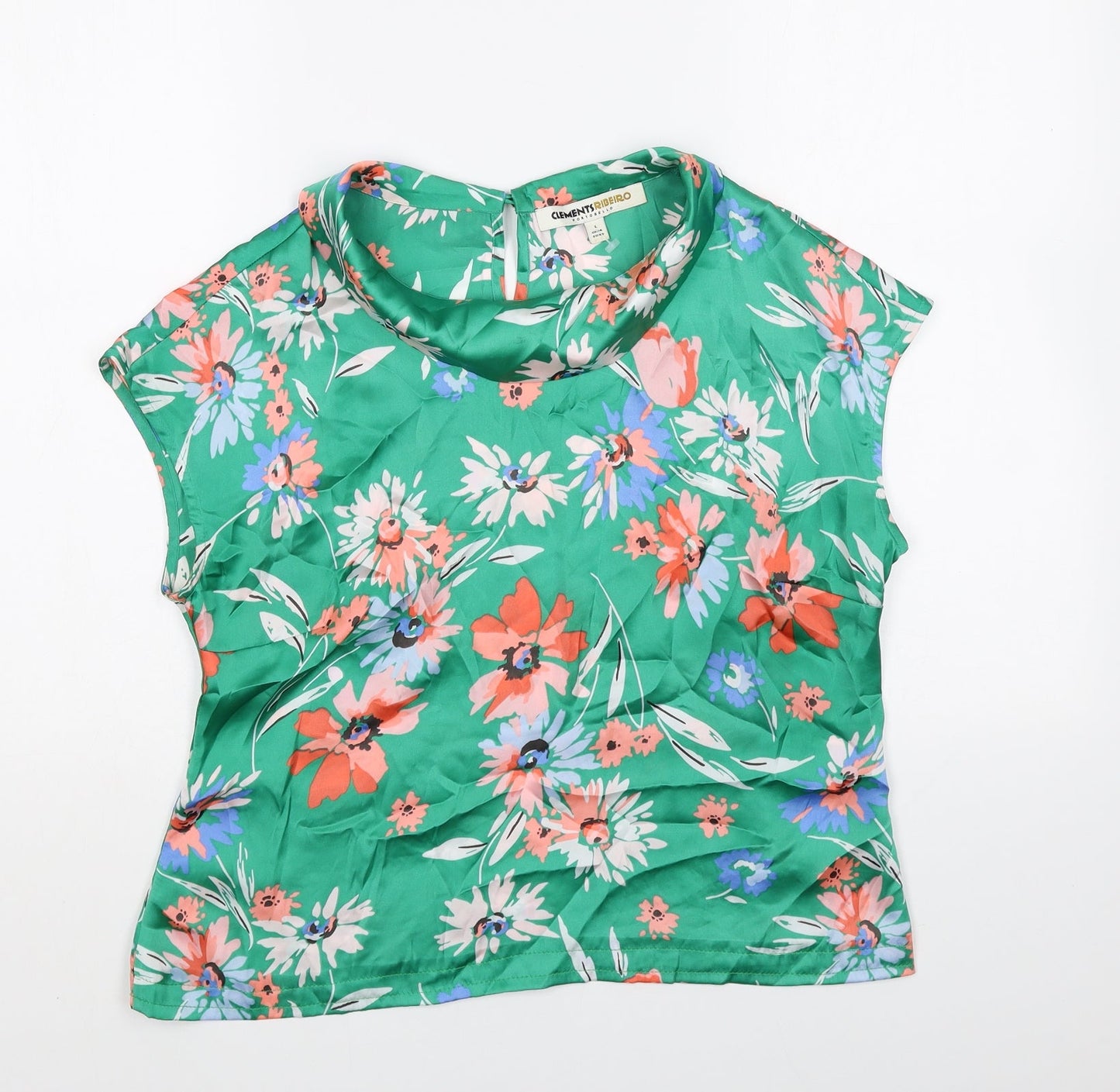 Clements Ribeiro Womens Green Floral Polyester Basic Blouse Size L Cowl Neck