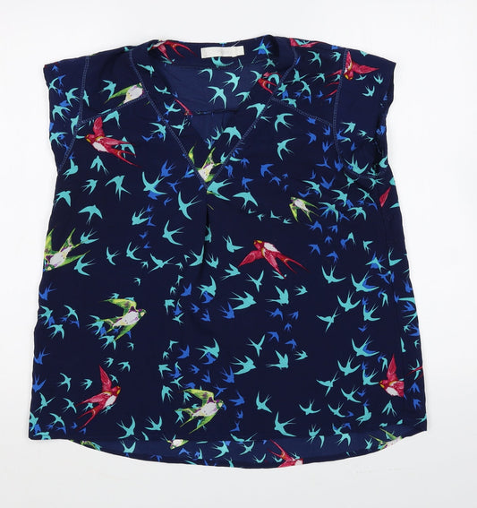 Flamant Rose Womens Blue Geometric Polyester Basic T-Shirt Size L V-Neck - Bird Pattern