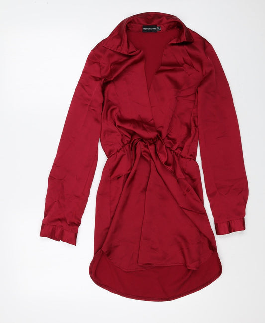 PRETTYLITTLETHING Womens Red Polyester Shirt Dress Size 6 Collared Pullover