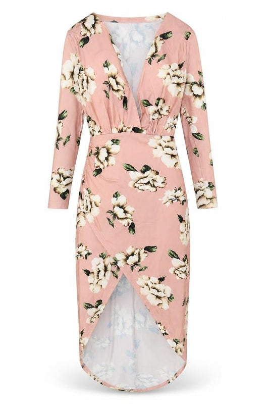 Womens Pink Floral Cotton Sheath Size S V-Neck Pullover