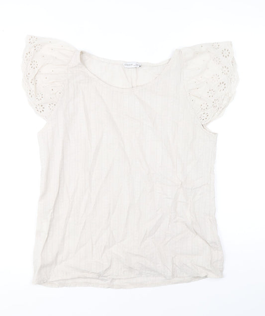 Civico 51 Womens Beige 100% Cotton Basic Blouse Size S Scoop Neck - Broder Anglaise Sleeve Detail