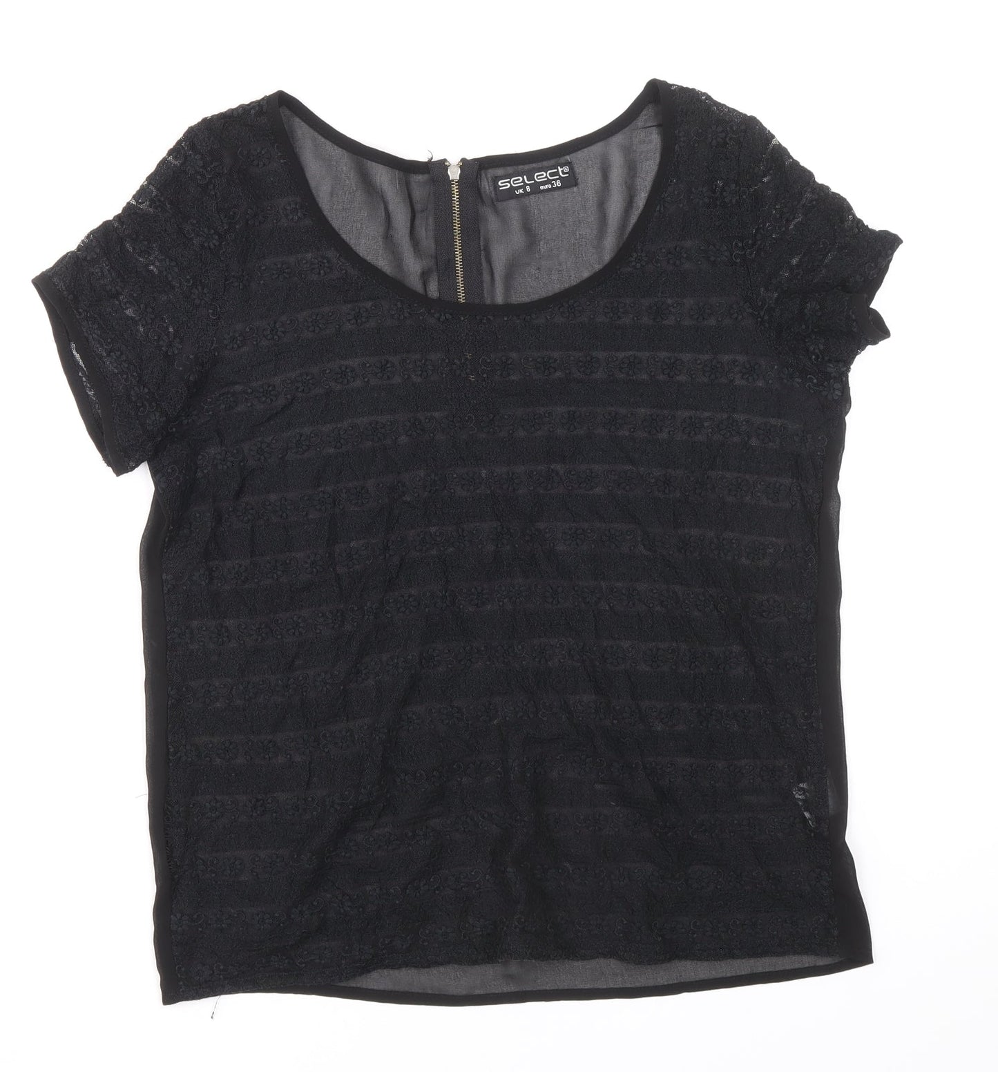 Select Womens Black Floral Polyester Basic Blouse Size 10 Scoop Neck