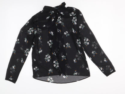 Marks & Spencer Womens Black Floral Polyester Basic Button-Up Size 6 V-Neck