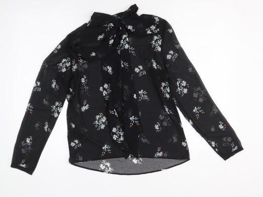 Marks and Spencer Womens Black Floral Polyester Basic Button-Up Size 6 V-Neck