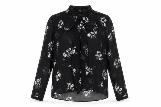 Marks and Spencer Womens Black Floral Polyester Basic Button-Up Size 6 V-Neck