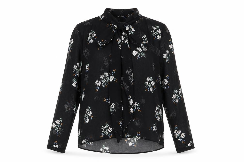 Marks & Spencer Womens Black Floral Polyester Basic Button-Up Size 6 V-Neck