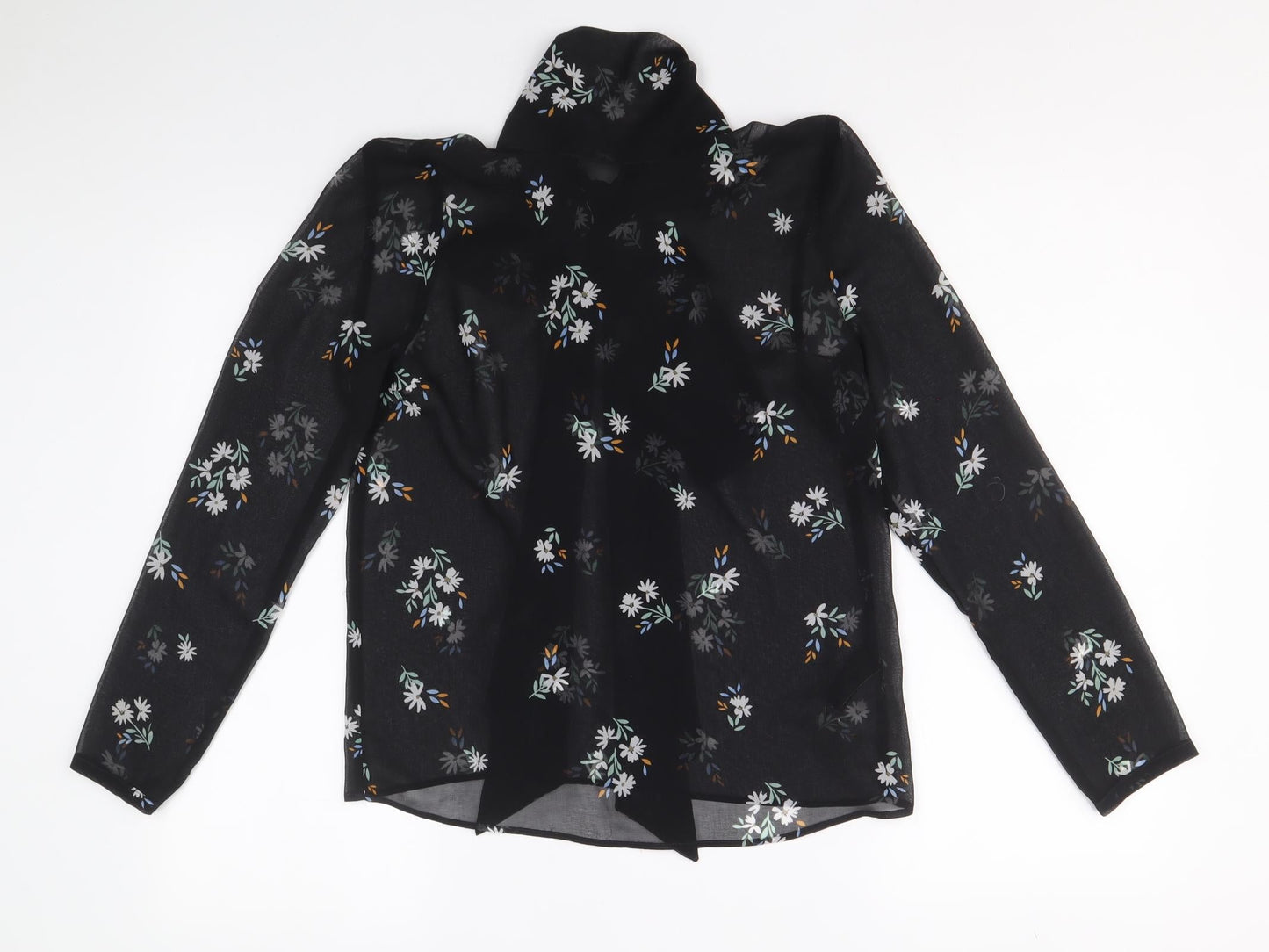 Marks and Spencer Womens Black Floral Polyester Basic Button-Up Size 6 V-Neck
