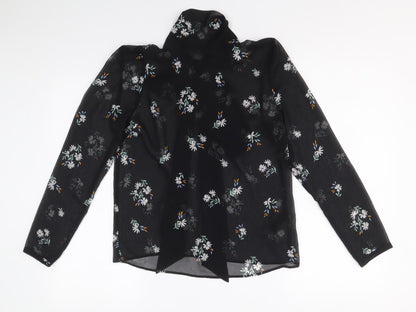 Marks & Spencer Womens Black Floral Polyester Basic Button-Up Size 6 V-Neck