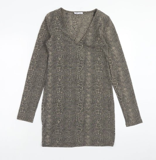 Zara Womens Grey Animal Print Polyester Mini Size S V-Neck Pullover - Snake Print