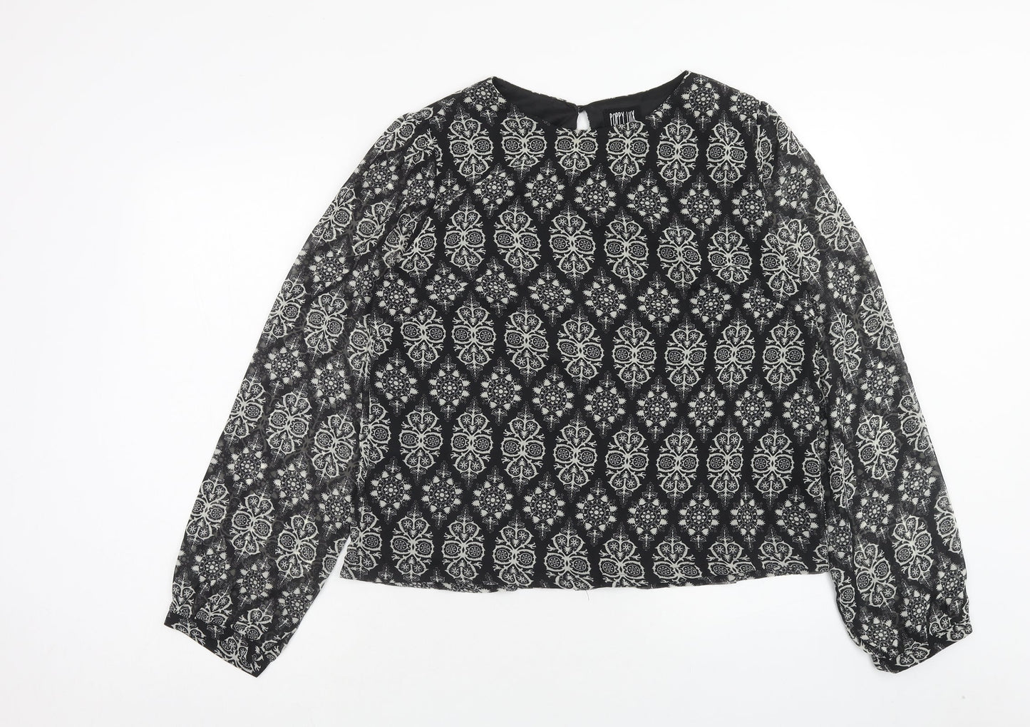 Poppy Lux Womens Black Geometric Polyester Basic Blouse Size 16 Scoop Neck
