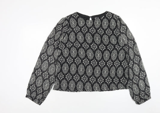 Poppy Lux Womens Black Geometric Polyester Basic Blouse Size 16 Scoop Neck