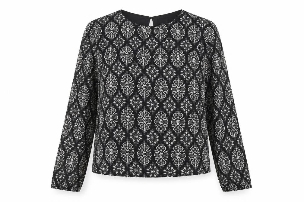 Poppy Lux Womens Black Geometric Polyester Basic Blouse Size 16 Scoop Neck