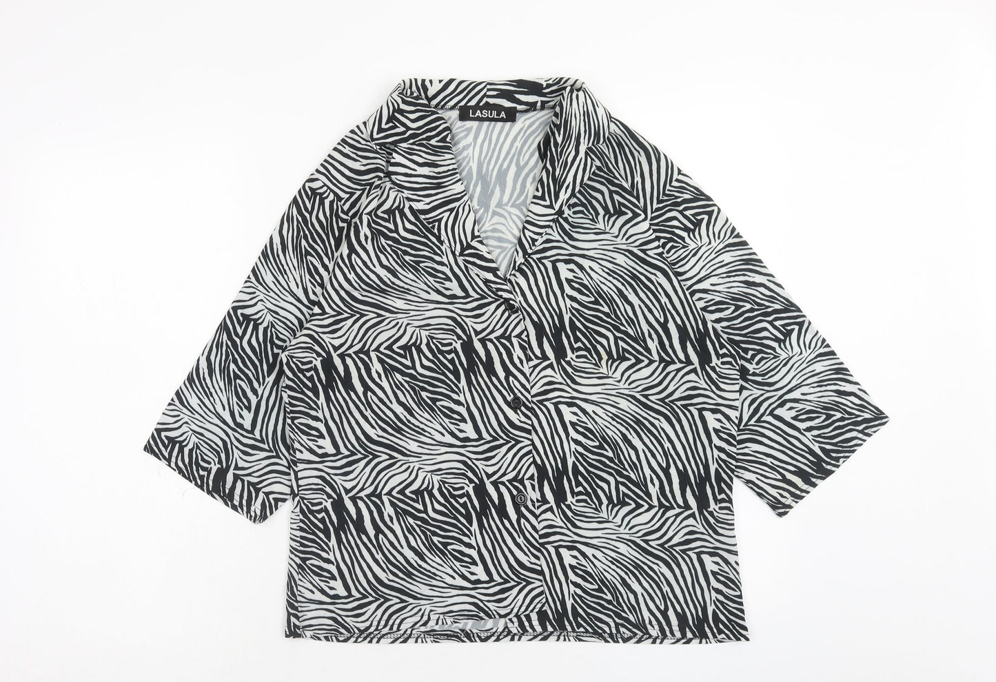 Lasula Womens Black Animal Print Polyester Basic Blouse Size 12 V-Neck - Zebra Pattern