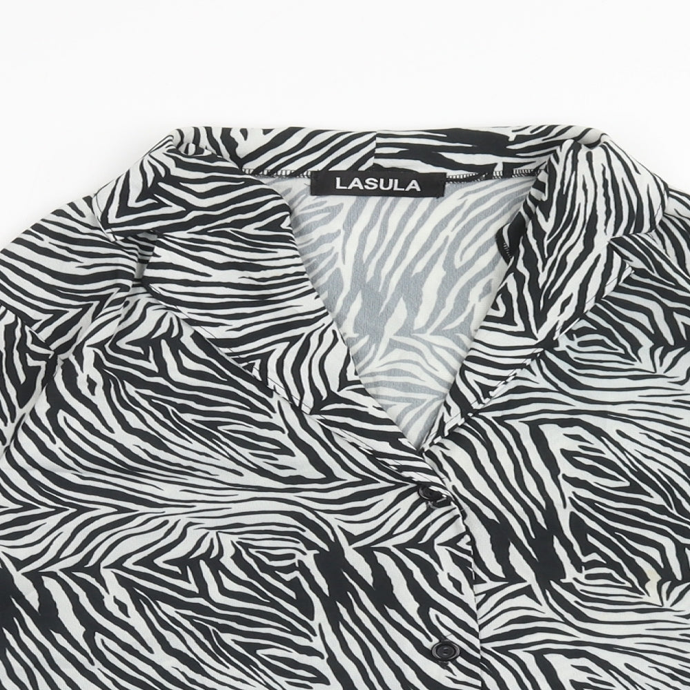 Lasula Womens Black Animal Print Polyester Basic Blouse Size 12 V-Neck - Zebra Pattern
