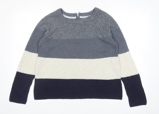 Papaya Womens Blue Scoop Neck Striped Acrylic Pullover Jumper Size S