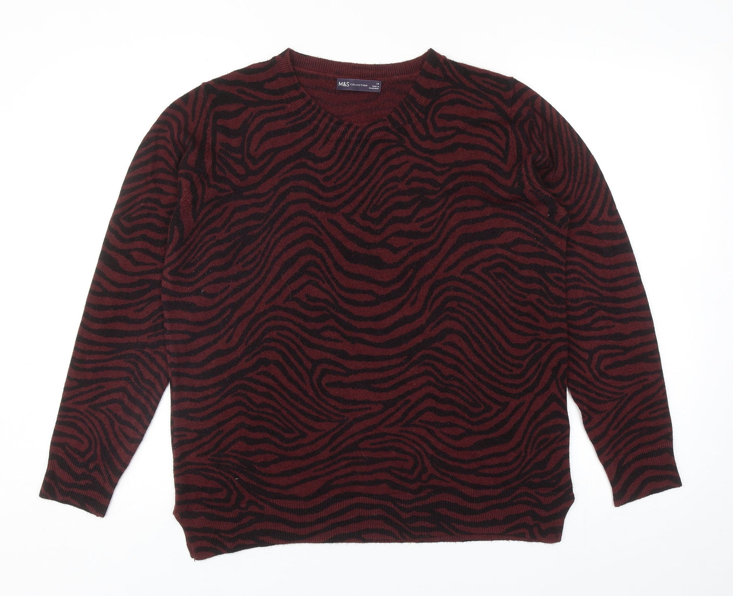 Marks and Spencer Womens Red Round Neck Animal Print Acrylic Pullover Jumper Size 14