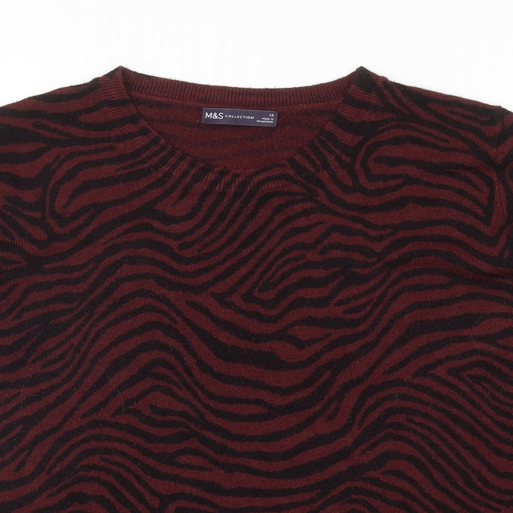 Marks and Spencer Womens Red Round Neck Animal Print Acrylic Pullover Jumper Size 14