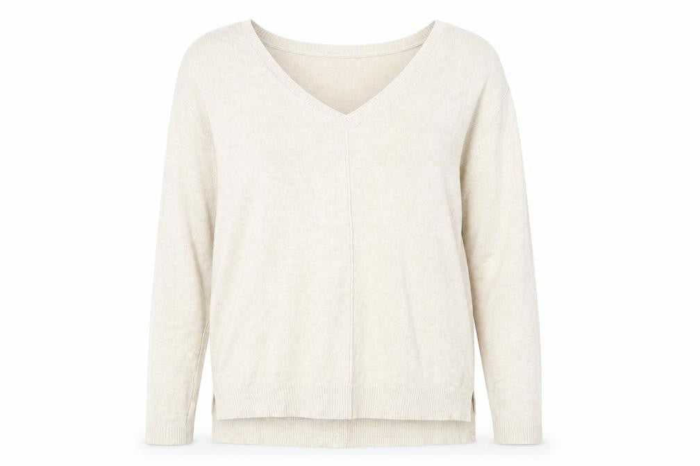 Marks & Spencer Womens Beige V-Neck Viscose Pullover Jumper Size 8